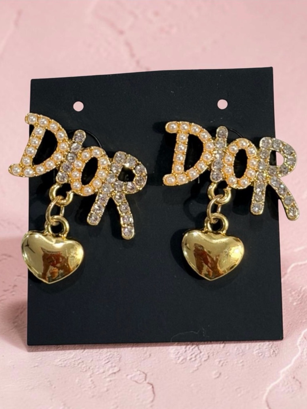 Gold Crystal FASHION' Drop Heart Earrings Logo in Faux pearls and rhinestones